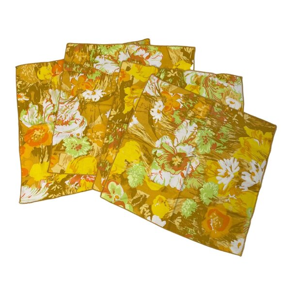 Set of 4 Cloth Napkins Retro Mid Century Modern MCM Mustard Florals Square u - Picture 1 of 8